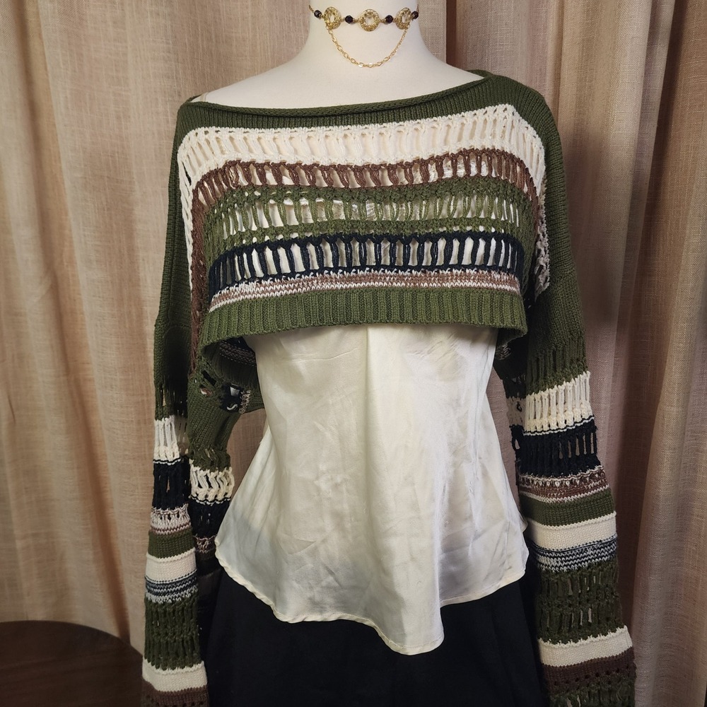 Romwe Women L Green Striped Open Knit Shrug Cropped Bolero Sweater Long Sleeve